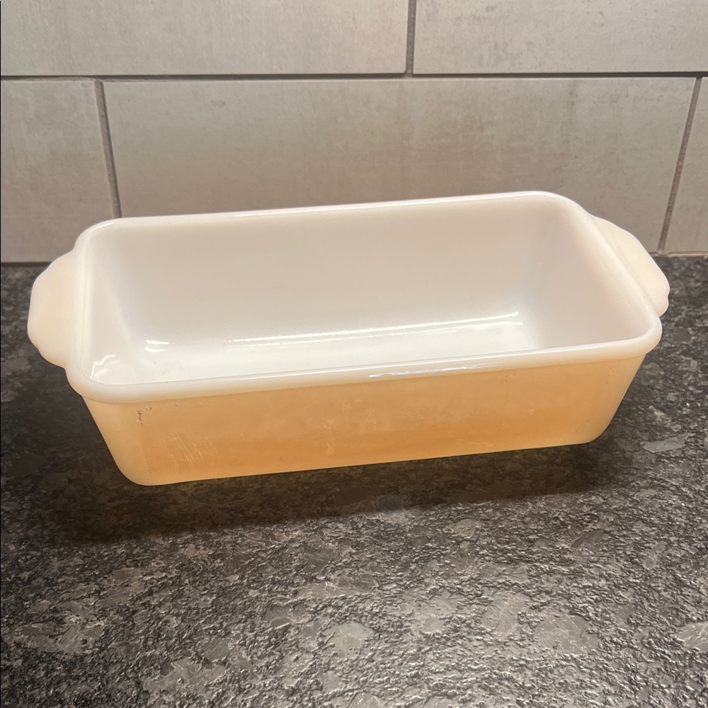 9” Fire King Peach Luster loaf pan Baking Dish. Excellent condition Vintage